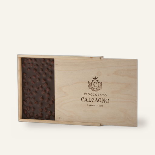 Calcagno Tablette de Chocolat Noir aux Noisettes en Coffret Bois